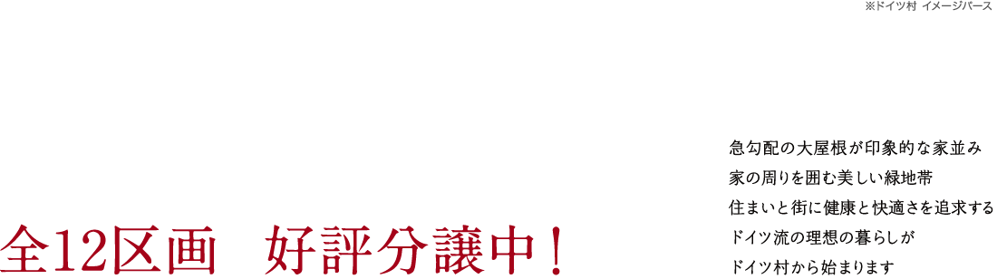 急勾配の大屋根が印象的な家並み家の周りを囲む美しい緑地帯住まいと街に健康と快適さを追求するドイツ流の理想の暮らしがドイツ村から始まります