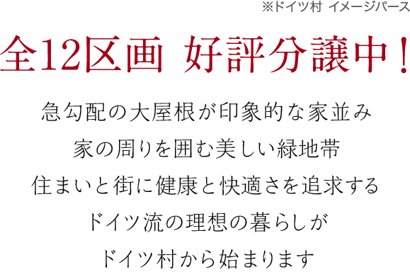 急勾配の大屋根が印象的な家並み家の周りを囲む美しい緑地帯住まいと街に健康と快適さを追求するドイツ流の理想の暮らしがドイツ村から始まります